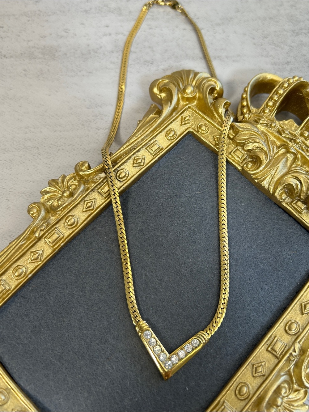 Vintage Avon Gold V-Shape Necklace with Clear Crystals